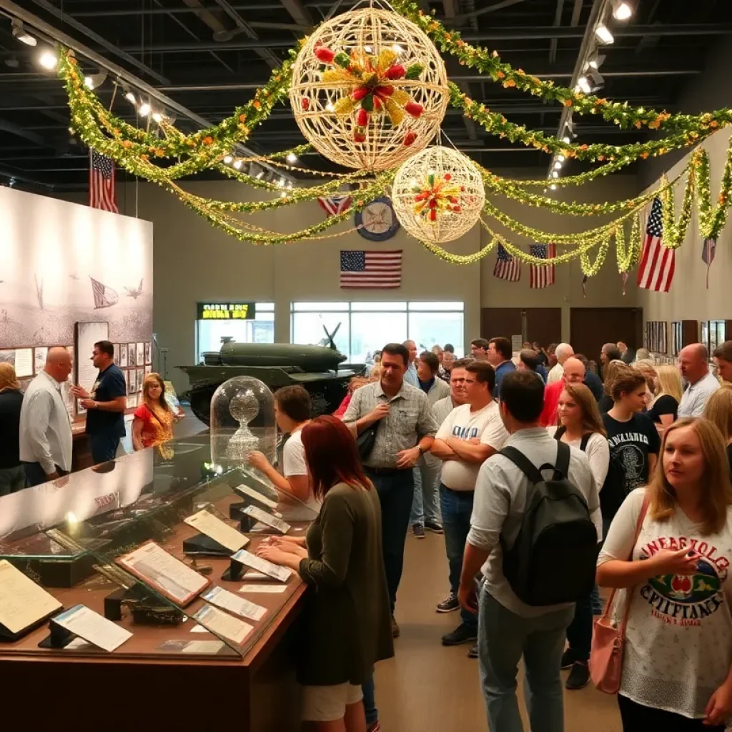 Visitors celebrating at the National WWII Museum with WWII artifacts on display.