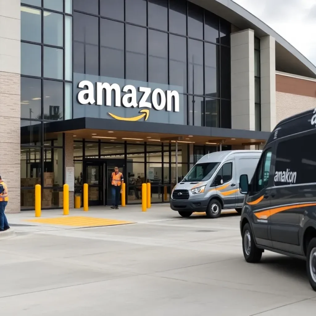 Exterior view of the Amazon delivery station in Slidell, Louisiana, with workers and delivery vans.