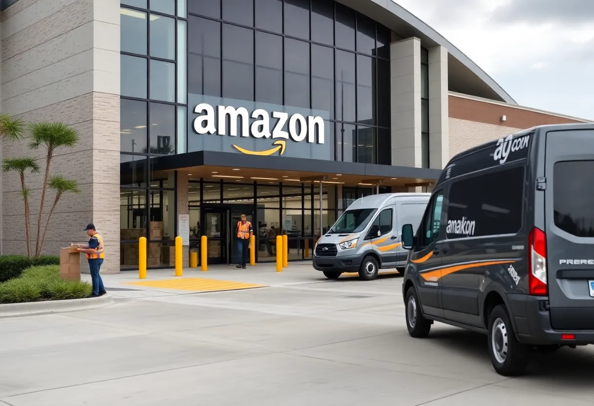 Exterior view of the Amazon delivery station in Slidell, Louisiana, with workers and delivery vans.