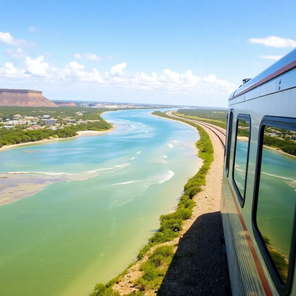 Amtrak train on Gulf Coast with lively scenery