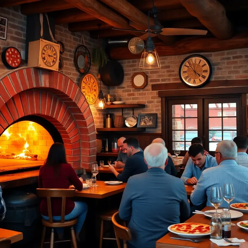 Interior view of Ancora Pizzeria with diners and wood-fired pizza oven.