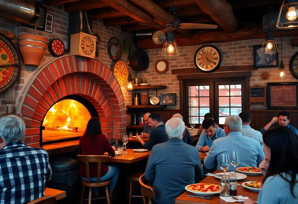 Interior view of Ancora Pizzeria with diners and wood-fired pizza oven.