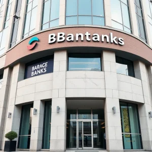 Modern bank buildings symbolizing a merger