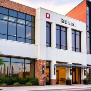Modern bank building in Baton Rouge representing expansion and growth in the banking sector.