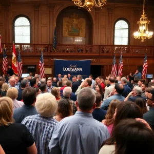 Crowd engaged in political discussions at a Baton Rouge event