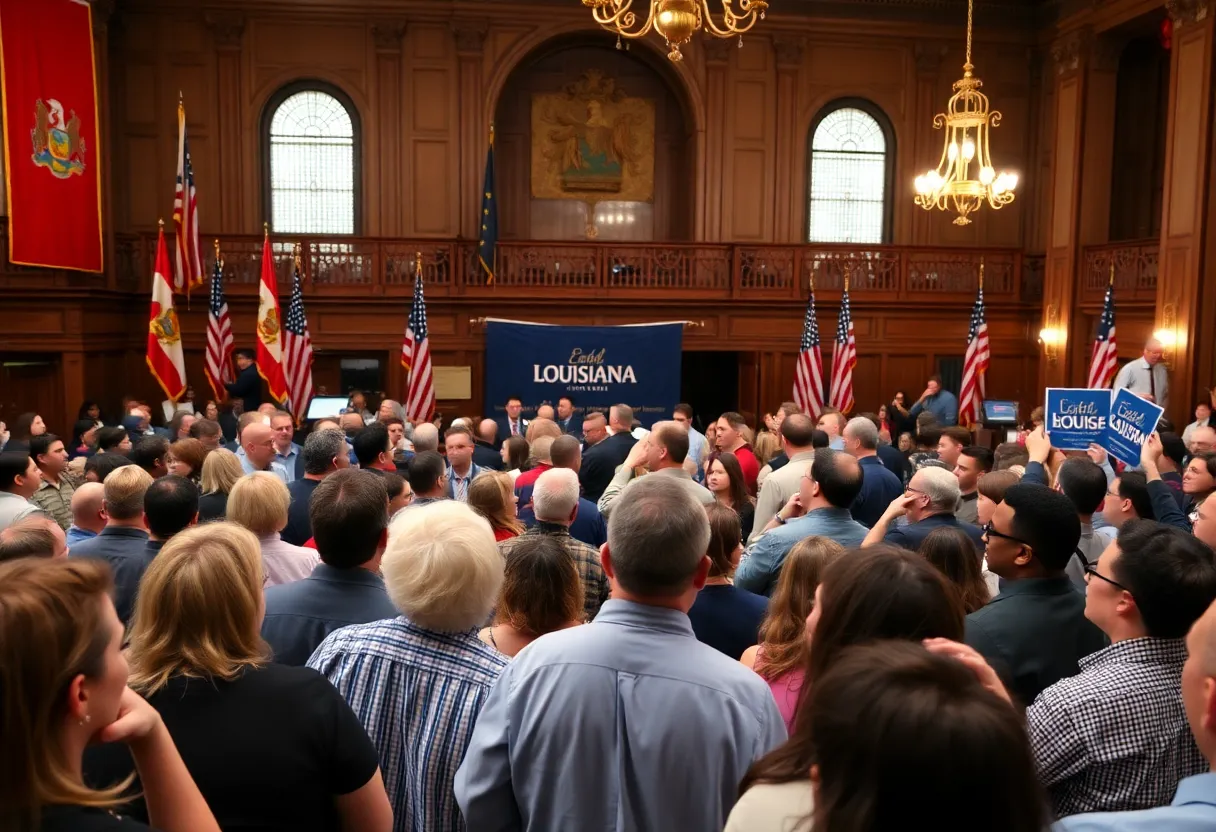 Crowd engaged in political discussions at a Baton Rouge event