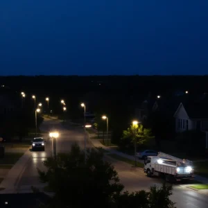 Evening view of Broussard, Louisiana with streetlights on