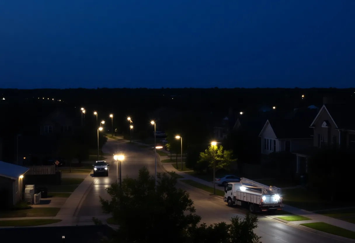 Evening view of Broussard, Louisiana with streetlights on
