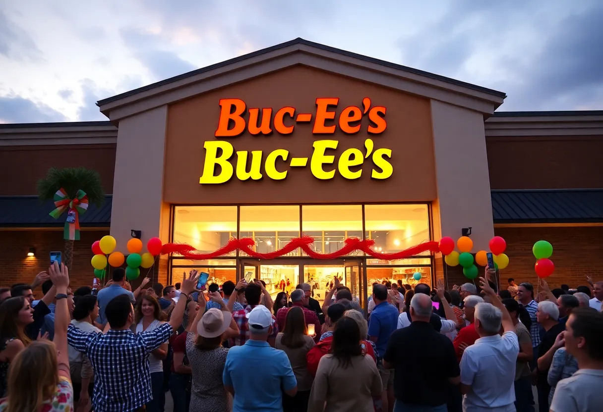 Crowd celebrating the grand opening of Buc-ee's in Pass Christian, Mississippi.