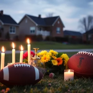Candlelight vigil with flowers and a football