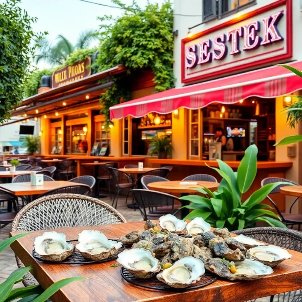 Outdoor seating at Captain Rallo's Oyster House with fresh seafood.