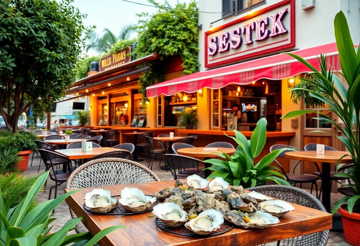 Outdoor seating at Captain Rallo's Oyster House with fresh seafood.
