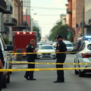 Law enforcement officers investigating a shooting scene in Central City, New Orleans.