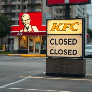 SPONSOR OUR ARTICLES Exterior of a closed KFC restaurant with signage on the door