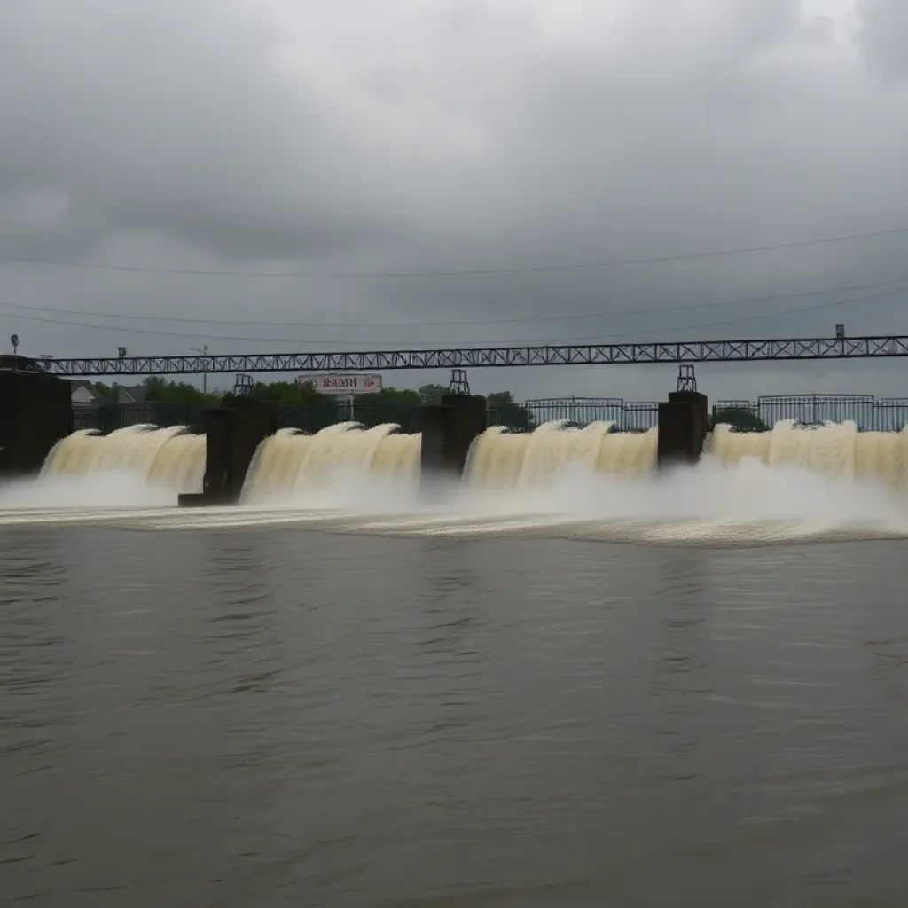 A stormy New Orleans landscape with flood gates closed.