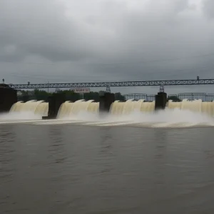 A stormy New Orleans landscape with flood gates closed.