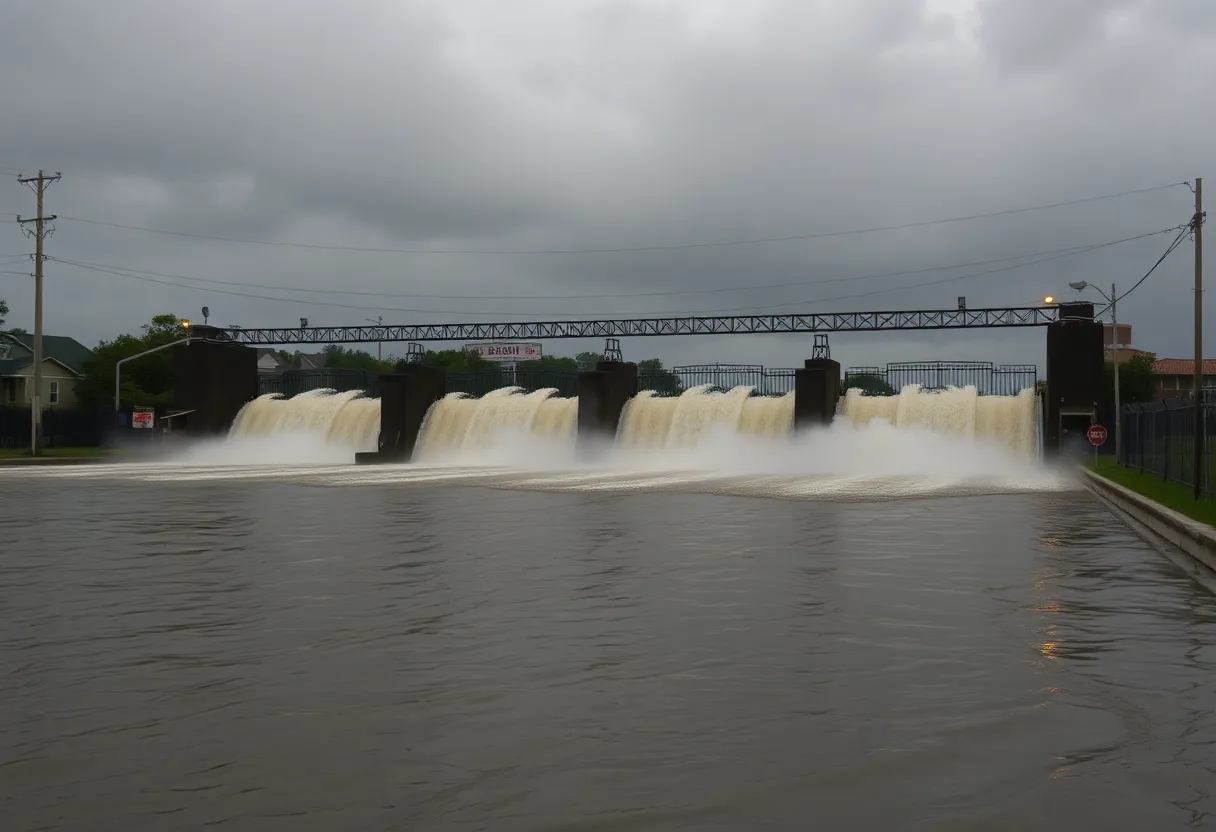 A stormy New Orleans landscape with flood gates closed.