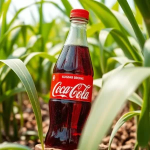 Coca-Cola bottle with sugar cane in the background