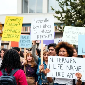 Supporters rallying outside a public library advocating for library policies