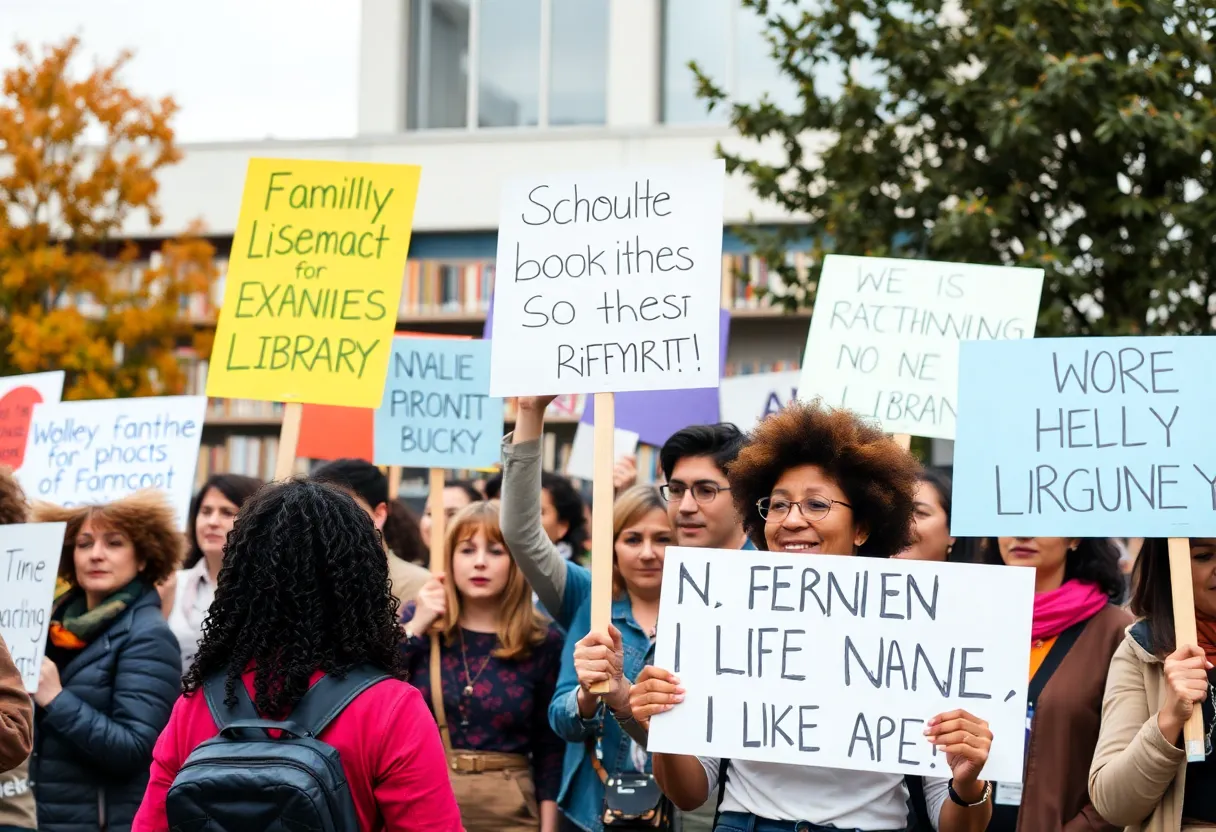 Supporters rallying outside a public library advocating for library policies
