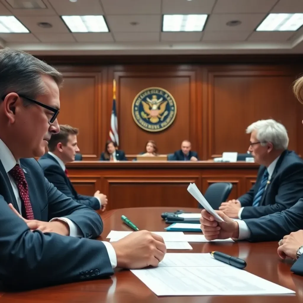 Lawyers in a courtroom discussing pharmacy benefit managers and legal cases