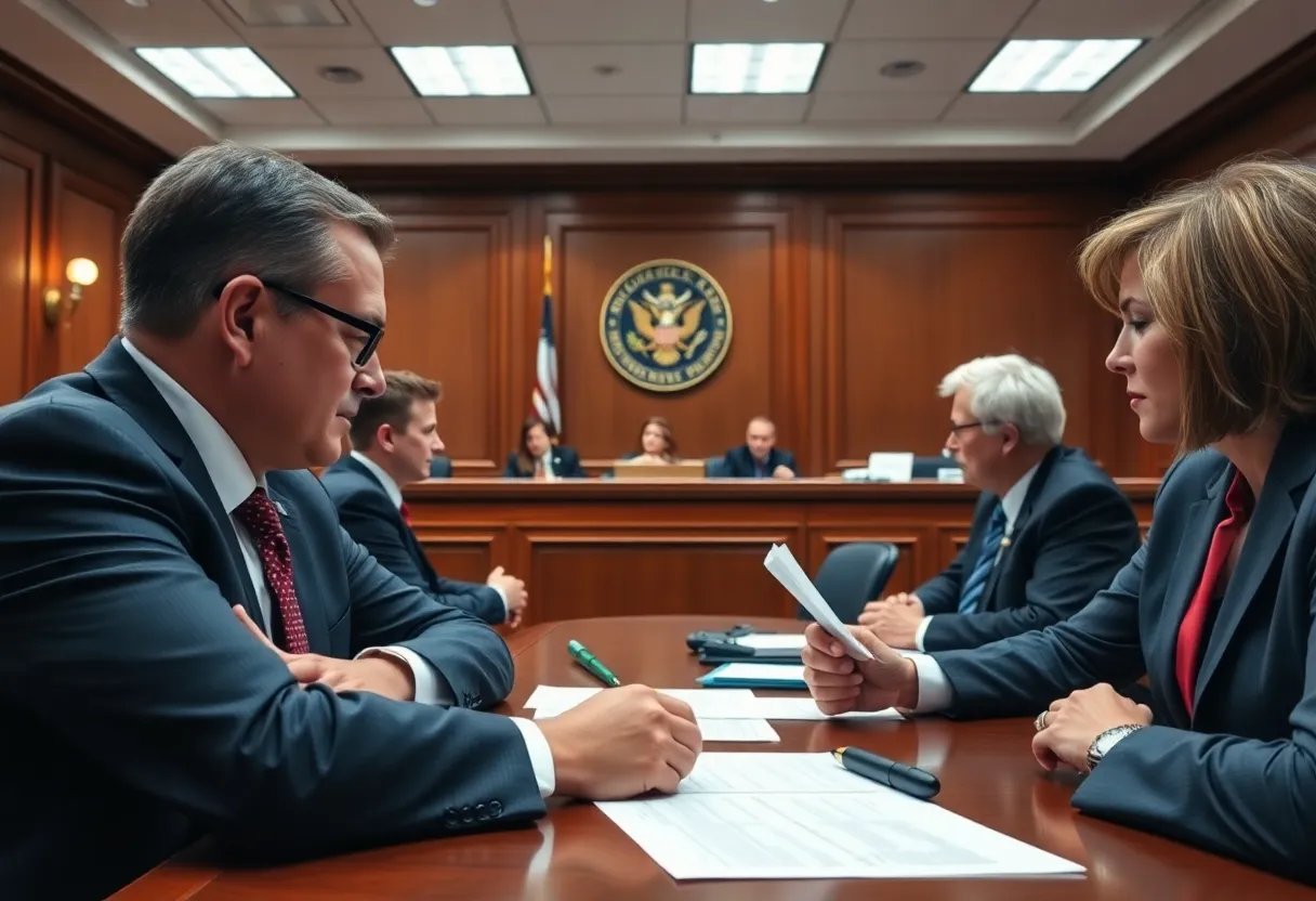 Lawyers in a courtroom discussing pharmacy benefit managers and legal cases