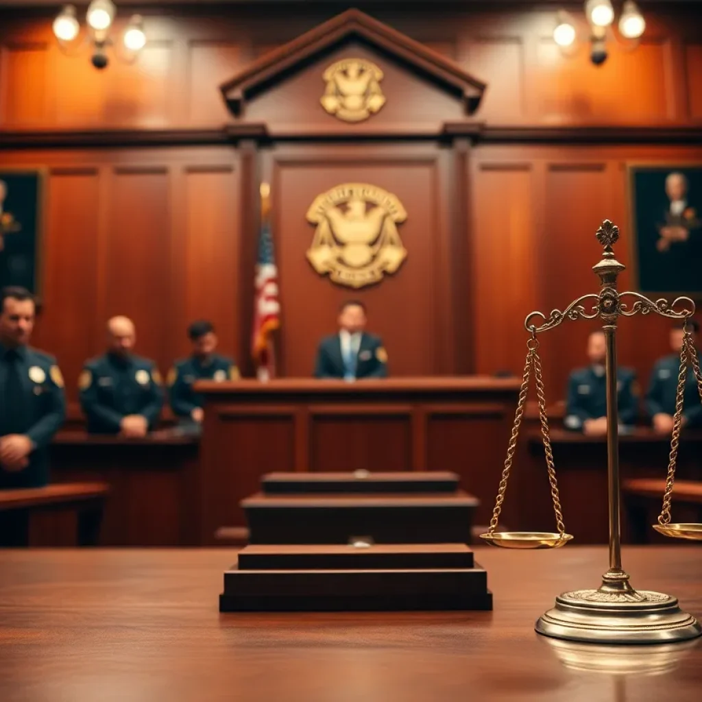 A courtroom filled with legal officials discussing a fraud case.