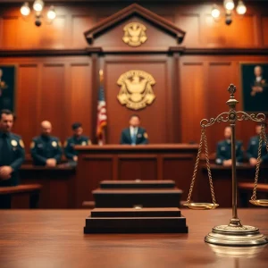 A courtroom filled with legal officials discussing a fraud case.