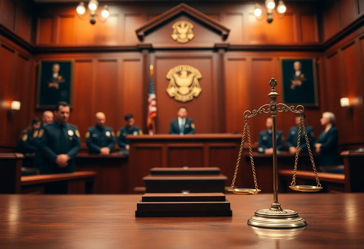 A courtroom filled with legal officials discussing a fraud case.