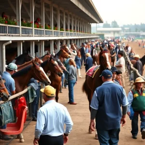 Delta Downs Racetrack with horses and workers