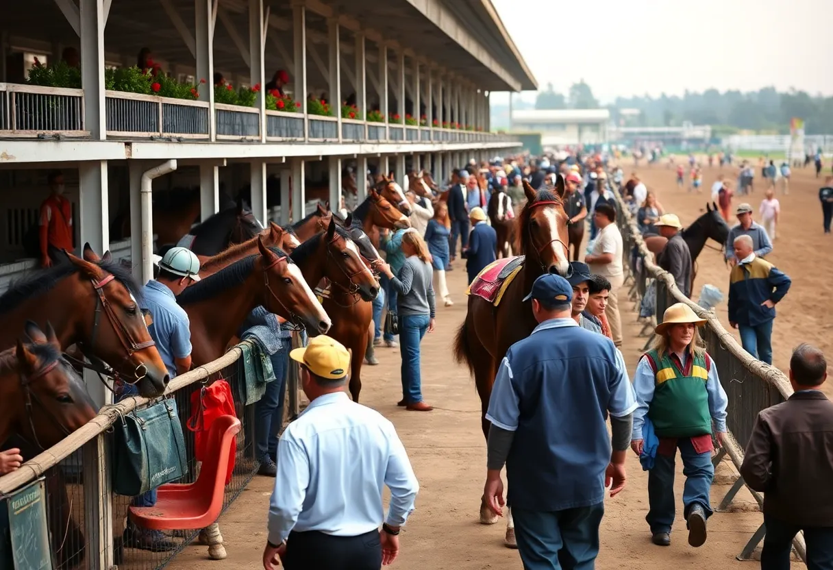 Delta Downs Racetrack with horses and workers