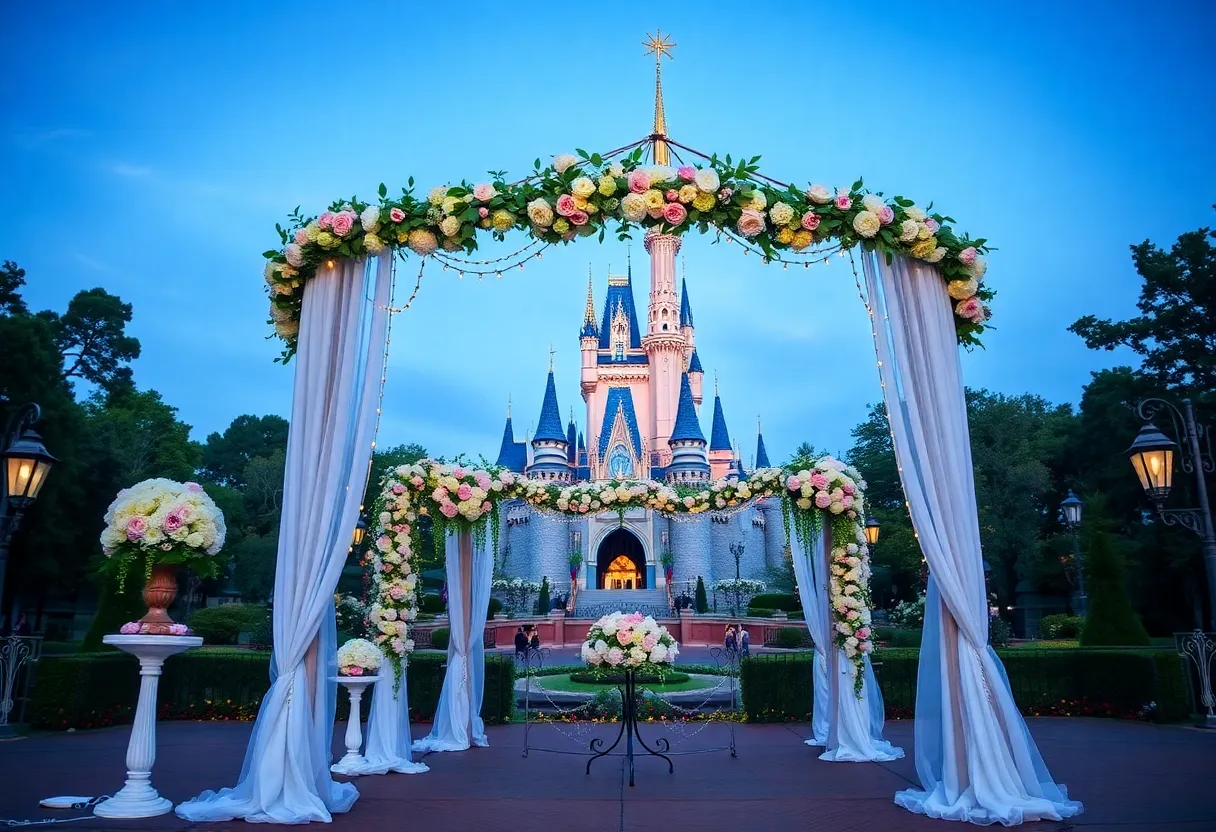 Outdoor wedding setup at Disneyland with gazebo and flowers