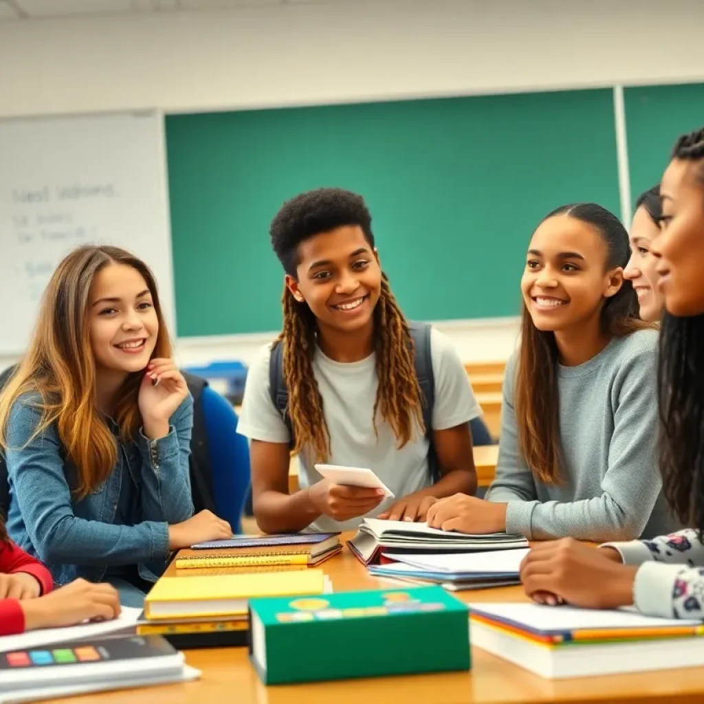 Diverse group of high school students discussing in a classroom