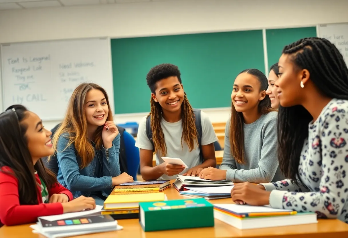 Diverse group of high school students discussing in a classroom