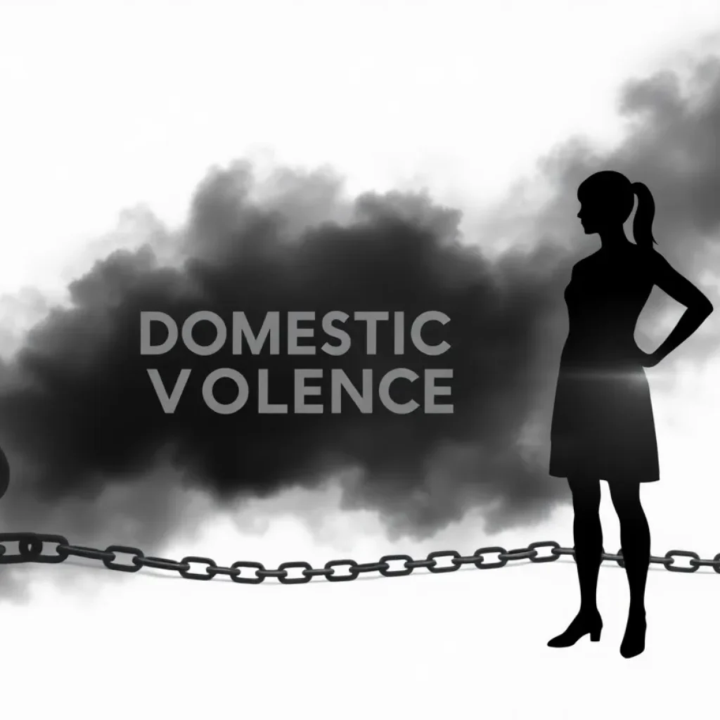 Symbolic representation of domestic violence awareness with dark clouds and strong silhouette.