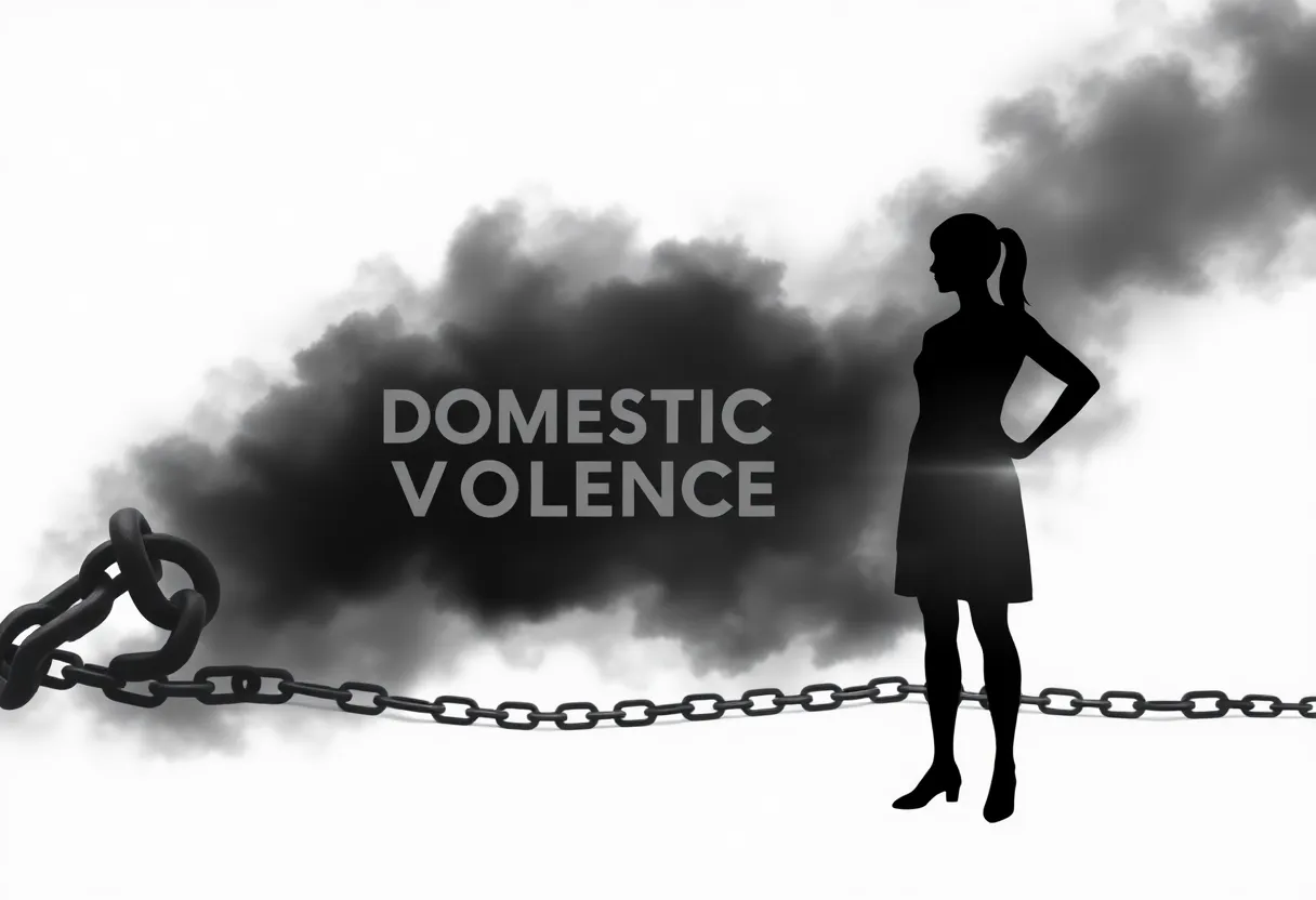 Symbolic representation of domestic violence awareness with dark clouds and strong silhouette.