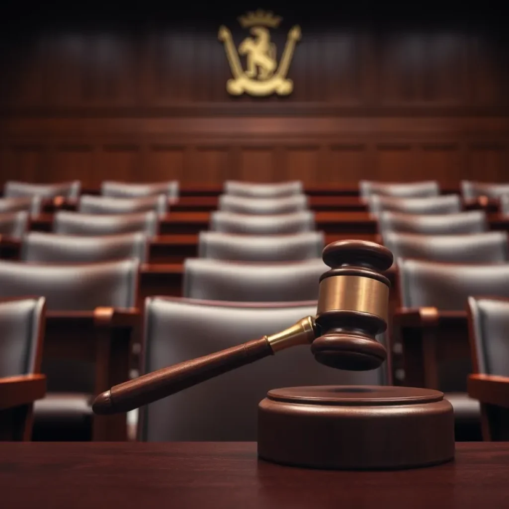 A courtroom with empty chairs, representing delays in the justice system.