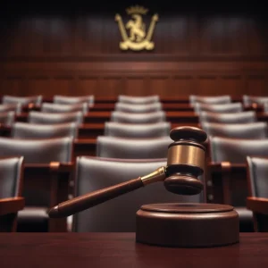 A courtroom with empty chairs, representing delays in the justice system.