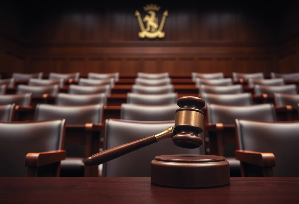 A courtroom with empty chairs, representing delays in the justice system.