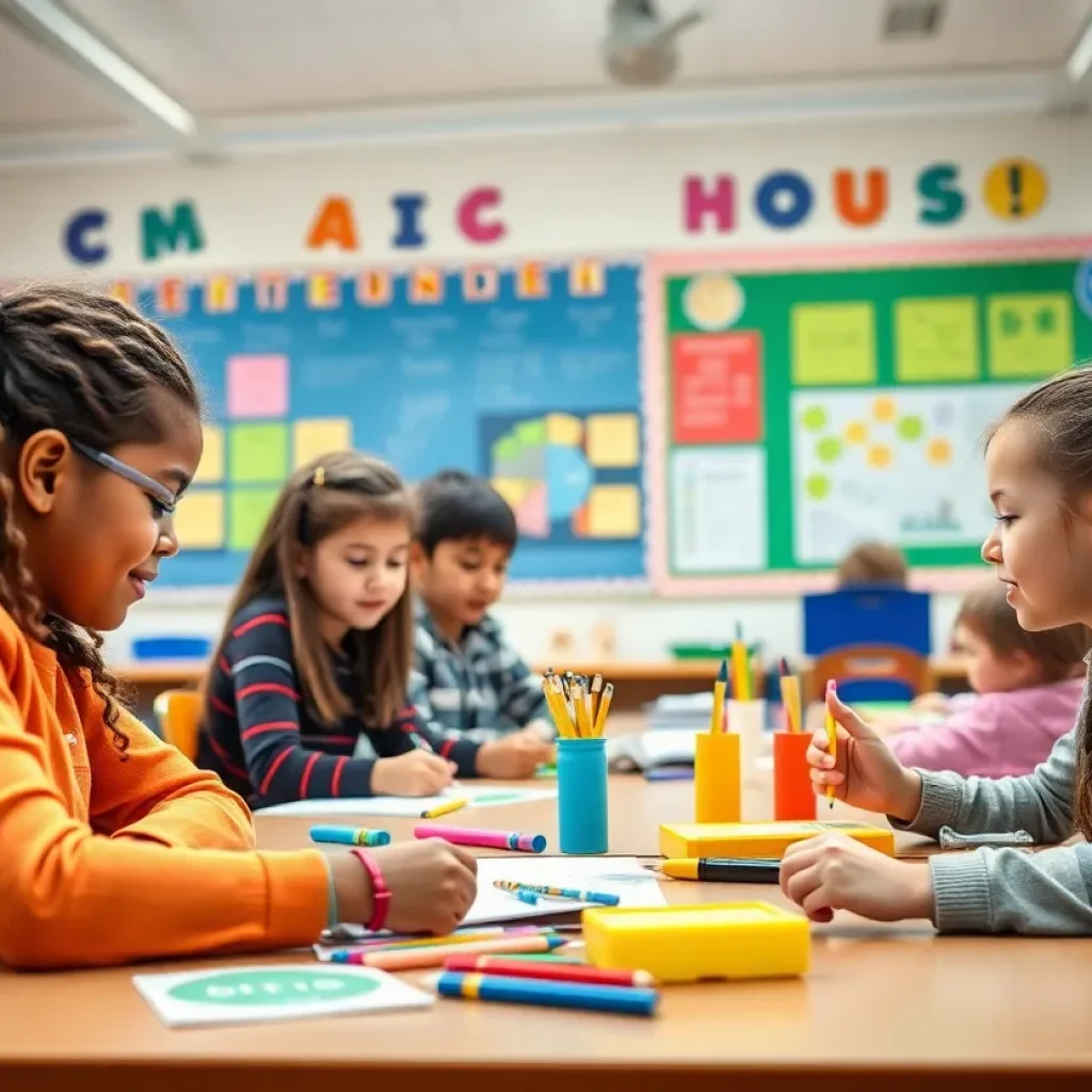A busy classroom with students engaging in educational activities.