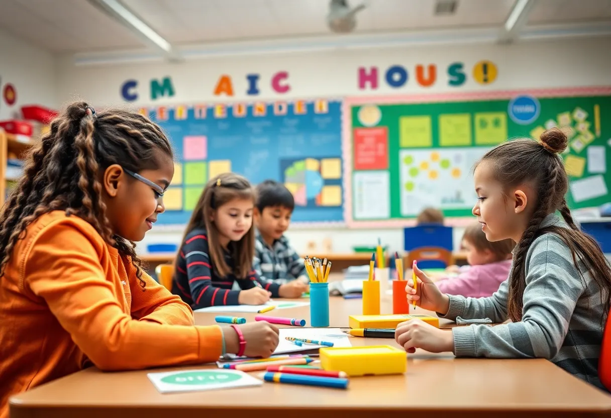 A busy classroom with students engaging in educational activities.