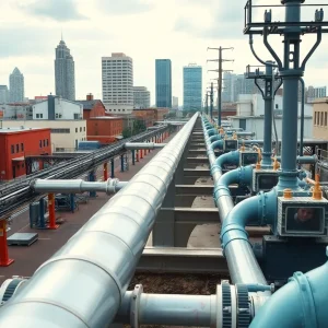 Cityscape of New Orleans with natural gas infrastructure