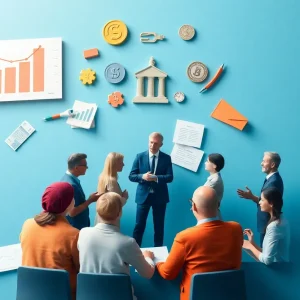 Diverse individuals discussing fiscal policies and legislation