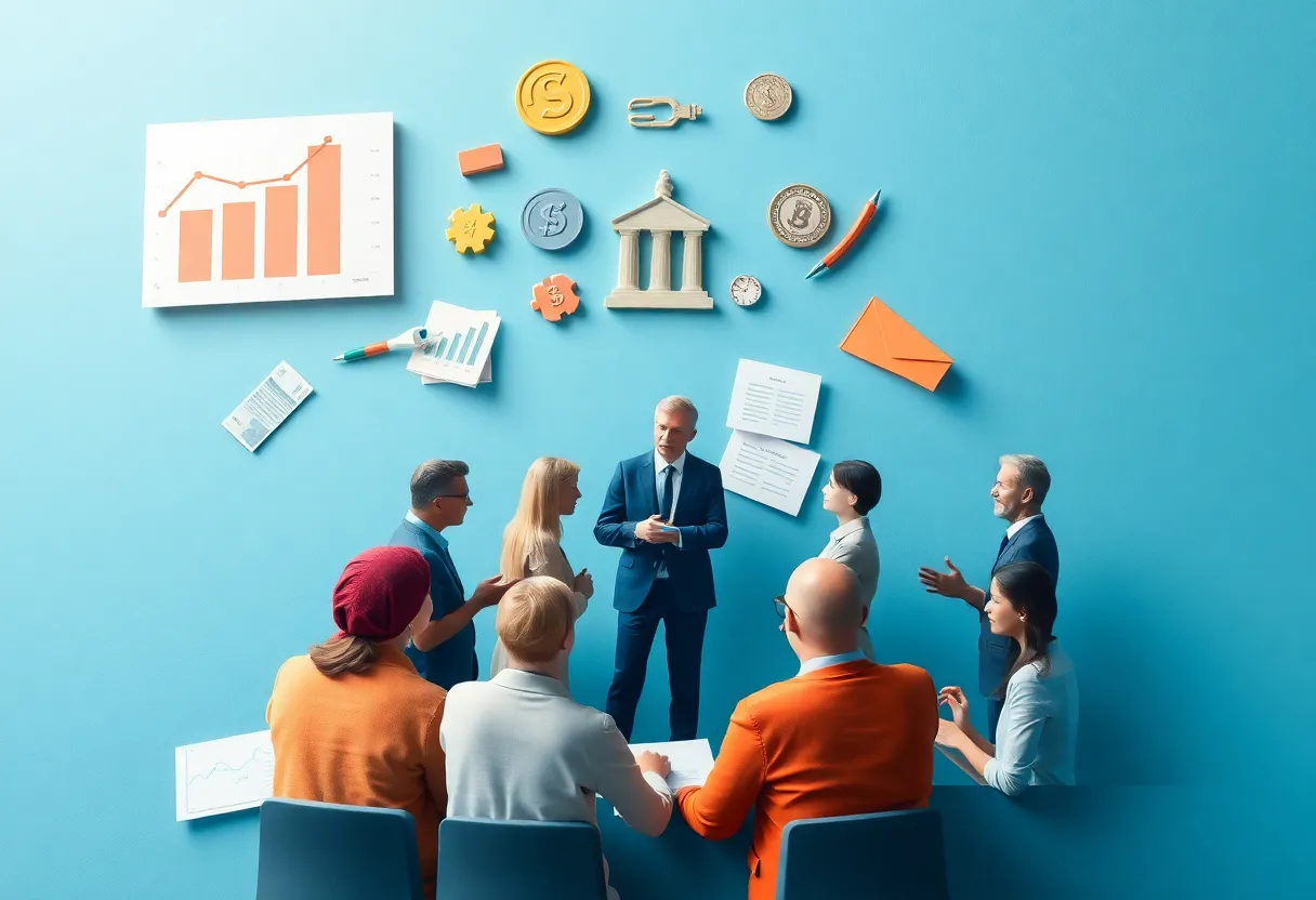 Diverse individuals discussing fiscal policies and legislation