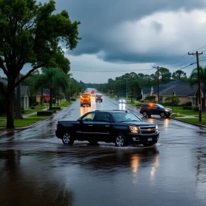 Flooded street during heavy rain in Southeast Louisiana