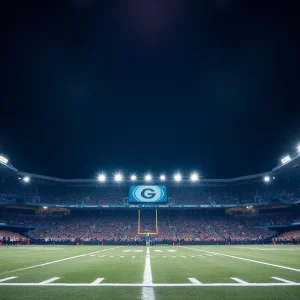 Football field at night with stadium lights