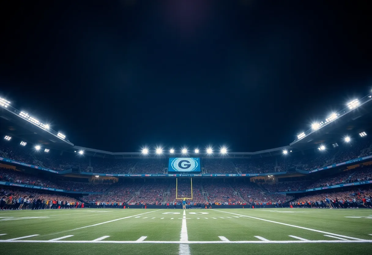 Football field at night with stadium lights