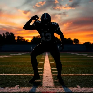 A sunset over a football field with a silhouette of a safety in action