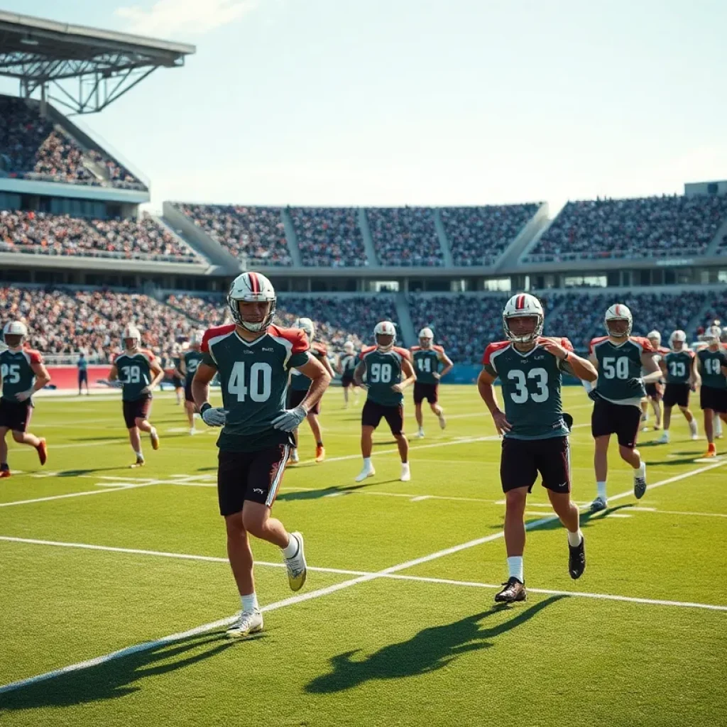 Football players training on a field