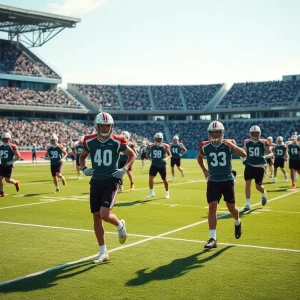 Football players training on a field